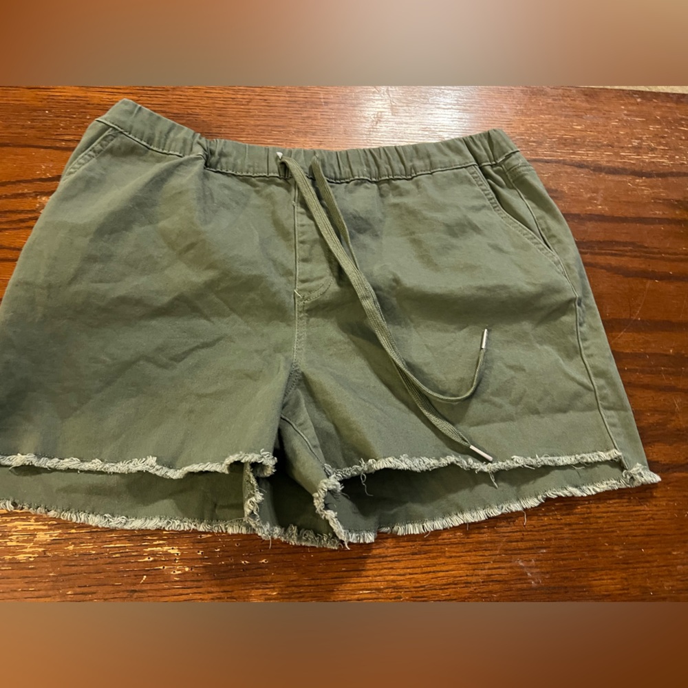 YMI Olive Drawstring High-Waist Frayed Hem Shorts